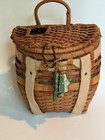 Vtg Woven Wicker Fishing Basket Creel Backpack Rustic Cabin Decor Cotton Trim