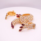 Vintage Opalecent And Red Rhinestone 2 6  Swirl Brooch   Earring Gold Tone Set 