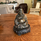 Antique Bronze Brass Japanese Smiling Buddha Figure Seated On Stylized Base