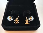 Authentic Chanel Cc Logo Charm Hoop Earrings Gold Tone