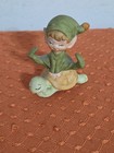 2 Vintage Lefton Green Pixie Elf Sitting On Turtle Figurine Miniature Porcelain