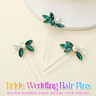 3 Pcs Green Crystal Bride Wedding Hair Pins Silver Pearl Bridal Pieces Leaf