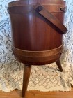 Vtg Rustic Wood Sewing Basket Barrel Bucket 3 Legs Tripod Handle Divider 19 x12 
