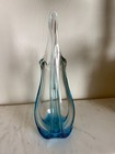 Vintage Mid Century Swung Wavy Teal Blue Art 12  Glass Vase Pitcher Read