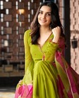 Indian Women Cotton Green Floral Mirror Anarkali Kurta With Trouser   Dupatta
