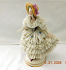 Dresden Germany White Lace W floral Lady Figure Yellow Bonnet 8 3 8  X 6 1 2  Dr