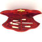 Antique Victorian Sewing Etui Necessaire Bone Button Hooks Awls Red Velvet Case