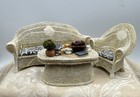 Beautiful Vintage Miniature Dollhouse White Faux Wicker Sofa Chair   Table Set