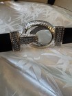 Chico s Women   s Wide Waist Belt M l Black Ornate Silver-tone Buckle