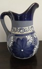 Talavera Mexican Pottery Water Pitcher Vase Jug Folk Art Blue Floral On Gray