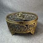Vintage Stylebuilt Trinket Jewelry Box Gold Plated Glass Filigree Ornate Rose