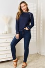 Basic Bae Womens Raglan Long Sleeve Top Round Neck Casual Stretch Shirt Blue