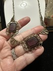 Antique Brass Art Deco Purple Czech Glass Ornate Necklace