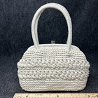 Vtg 60s Raffia Frame Bag Japan Crocheted White Handle Purse Kiss Clasp City Pop