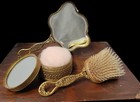 Antique Ormolu Vanity Beauty Set  Beveled Mirror  Nylon Brush  Maribou Talc Cask