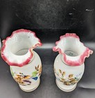 Large Pair Antique Bristol Art Glass Vases Hand Painted Floral Decor Ruffled Top
