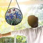 Stained Glass Window Hanging  Blue Iris Flowers Butterfly Suncatcher Diamond Col