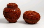 Chinese Vase Cinnabar Lacquer Carved Ginger Jar Blue Enamel Vtg Set Of 2