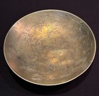 Antique Chinese Shallow Brass Bowl Engraved With Flowers   Asian Figure Marked