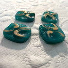 Al1052 Vintage German Glass Art Deco Cushion Antique 16x14mm Gold On Green  4 