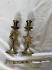 Set Of Two Vintage Brass Candle Holders Sun Star Antique Retro Mcm