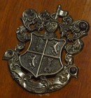 Vintage Fireplace Bellows Wood Brass Soft Black Leather Coat Of Arms Crest Plate