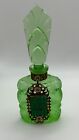 Vintage Green Czech Decorative Perfume Bottle Bohemian Gold Filagree W  Jewels