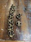 Vintage Black Glass Cabochon Bracelet   Earrings Set Gold Tone 1950s 60s