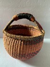 Bolga Ghana African Handwoven Market Basket Leather Wrapped Handle Natural Small