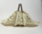Vtg Macram   Woven Basket With Handles Feet 15    Creamy White Boho Chic 70s Decor