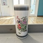 Vintage Asian Chinese Porcelain Cylinder Vase Birds Peonies Floral Scroll Motif