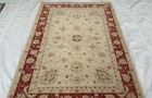 Afghan Chobi Rug 4x6 Ft Hand Knotted Beige Crimson Red Medallion Wool Carpet