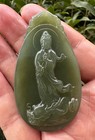 Certified Natural Hetian Jade Icy Green Hand Carved  Guanyin Necklace Pendant