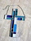 Stained Glass Multicolored Cross  Blue And White Hues  6 75w By 9 25h In