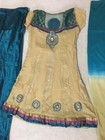 Women Anarkali Salwar Kameez Dress Kurti Pants Scarf 3 Pcs Beige   Turquoise