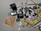 Vintage Estate Junk Drawer Lot  1 Coins  Pins  Pens   More