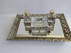 Vintage Gold Filigree Hollywood Regency Vanity Mirror Tray Set Glass With Lids 