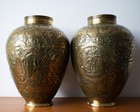 Large Antique Persian Islamic Engraved Brass Vases Qajar Dynasty 19th Century