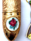 Ornate Sewing Kit Petit Point Floral Gold Tone Scroll Vtg Needle Thread Thimble