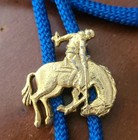 Vtg  Gold Tone Bucking Bronco Horse Bolo Tie Blue Cord 28  Rodeo Western Youth