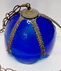 Vintage Mid Century Modern Glass Blue Tulip Pendant Light Lamp Swag