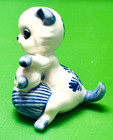     vintage Kitty Cat Porcelain Figurine White Blue Mama Cat Kitten W  Yarn Ball