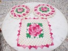 Vintage Handmade Crochet Hot Pads-potholders Three White W pink   Green Mcm-d
