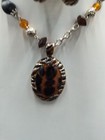 Silvertone Necklace And Earrings Set Acrylic Beads Animal Print Enameled Pendant