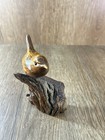 Hand Carved Wooden Wren Bird Statue Mounted On A Rustic Wood Branch Base