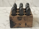Vtg 9 Piece Metal Steel Number Punch Stamp Set Complete W  Wood Storage Holder