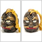 Japanese Clay Bell Dorei  2 Faced Mask Vintage Tengu Karura Pottery Doll Head 