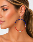 Red Blue Seed Bead Earrings  Silver Heart Beaded Hoops Usa