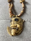 Antique Carved Netsukes Japanese Face Agate Bead Necklace Sterling Clasp Repair