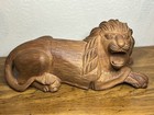 Hand Carved Wooden  Long Laying Lion Sculpture  Mid Century Home office